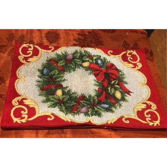 NWOT Set of 2 Reversible Tapestry Christmas Placemats Snowman Wreath Vintage - Picture 4 of 11